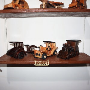 Package of Three Antique Wooden Miniatures Collection Handmade in Indonesia containing Locomotive Pedicab, Car 19&#39;s, and Locomotive Train