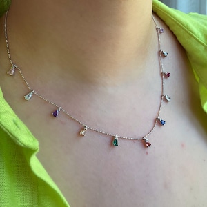 Sterling Silver Teardrop Necklace, Multicolor Necklace in 925 Sterling Silver , Colorful Necklace, Charms Necklace,