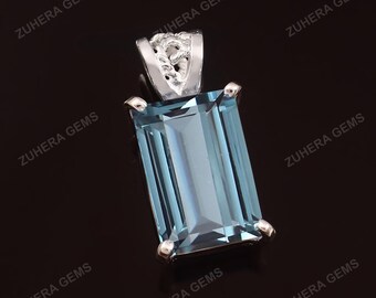AAA 14x10 MM Top Quality Brazilian Sky Blue Aquamarine Emerald Shape Pendant,Prong Setting Prime Quality Silver 925 Jewellery