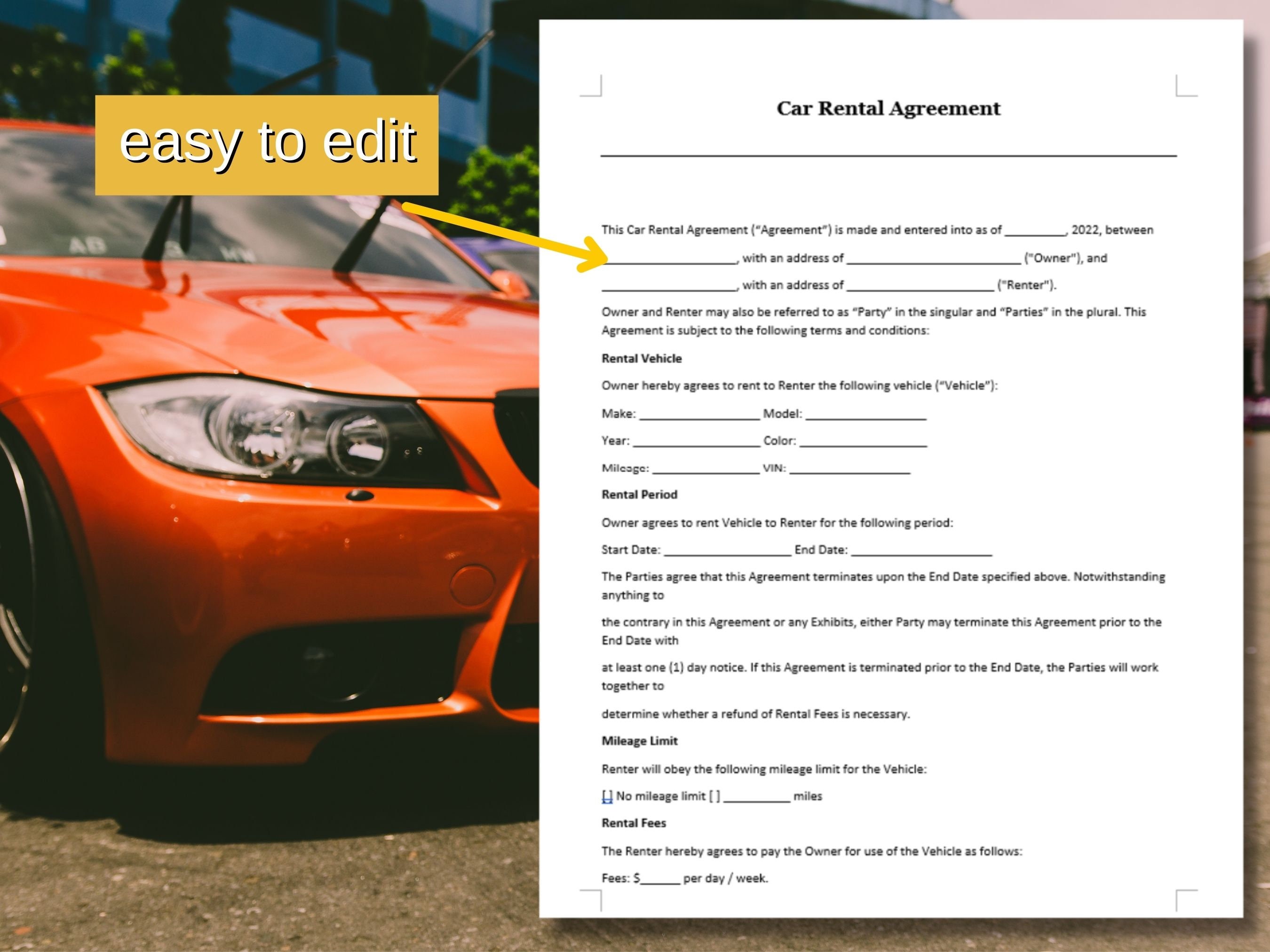 10 Easy Edit Car Rental Agreement, Car Rental Rental Contract, Editable ...