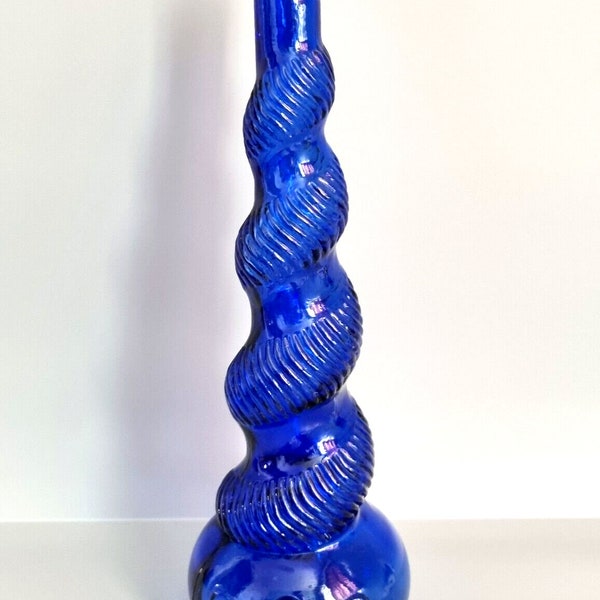 Vintage Cobalt Blue Glass Spiral Snake Genie Bottle Retro 70s 80s Decor 34cm
