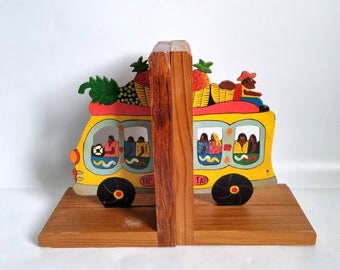 Vintage Handmade Wooden Bookends Tropical Carribean Tap Bus Coach