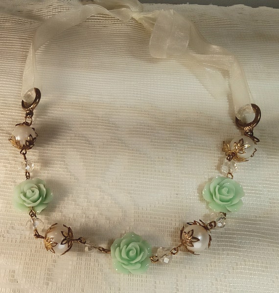 Very Pretty and Sweet Green Rose and Faux Pearl Ch