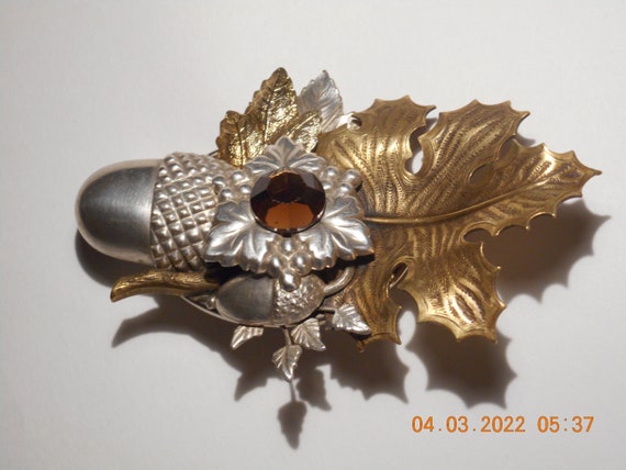 Brooch, Large, Oak Leaf and Acorn, With  Orange/C… - image 2