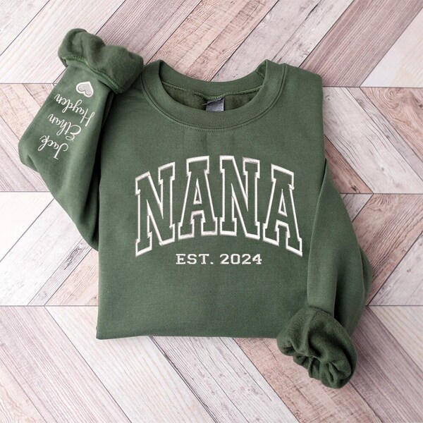 Embroidered Nana EST. 2024 Sweatshirt with Kidnames on Sleeve, Mama Est Embroidered Hoodie, Minimalist Grandma Sweater, Gift For Mom, Mimi