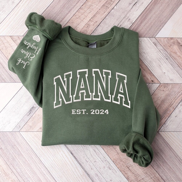 Embroidered Nana EST. 2024 Sweatshirt with Kidnames on Sleeve, Mama Est Embroidered Hoodie, Minimalist Grandma Sweater, Gift For Mom, Mimi