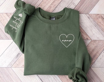 Embroidery Nana Heart Sweatshirt with Grandkidname on Sleeve,Grandma Est Embroidered Sweater, Minimalist Nana Hoodie,Grandma Mother Day Gift