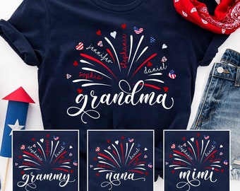 4th of July Grandma T Shirt, Custom Grandma Shirt with Kids names shirt, Patriotic 4th of July Tee Shirt for Independence Day Grandma Shirt