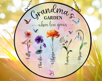 Custom Grandma's Garden Gift For Grandma, Grandma Gift, Mother's Day Gift For Grandma, Nana Birth Month Flower Stain Glass Suncatcher