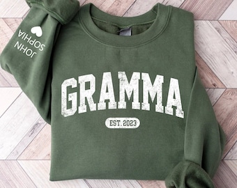 Personalized Gramma Est Varsity Sweatshirt, Custom Gramma Sweatshirt and Grandkids Names On Sleeve, Custom Gramma Est 2023 kids on sleeve