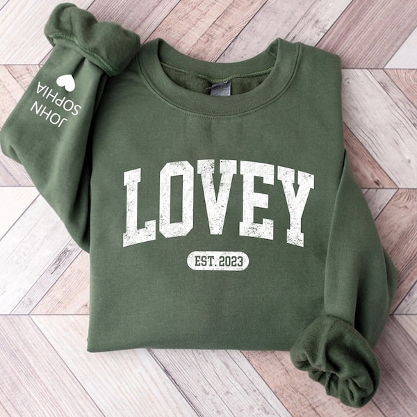 Personalized Lovey Est Varsity Sweatshirt, Custom Lovey Sweatshirt and Grandkids Names On Sleeve, Custom Lovey Est 2023 kids on sleeve