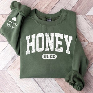 Personalized Honey Est Varsity Sweatshirt, Custom Honey Sweatshirt and Grandkids Names On Sleeve, Custom Honey Est 2023 kids on sleeve