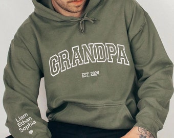 Embroidered Grandpa Hoodie with Kidnames on Sleeve,Papa Est Embroidered Hoodie, Grandpa Sweatshirt ,Gift For Dad, Daddy, Papa, Grandpa