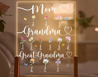 Puede incluir: Un letrero de acrílico blanco con marco de madera, iluminado desde atrás. El letrero presenta las palabras "Mamá", "Abuela" y "Bisabuela" con corazones e ilustraciones florales.