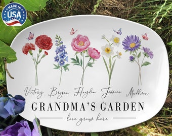 Birth Month Flower Grandma's Garden Platter, Mother's Day Gift, Platter Gift For Mimi, Mom Floral Plate, Gigi Gift, Gift from Grandkids
