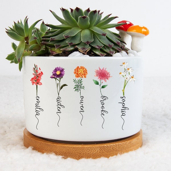 Custom Birth Month Flower Plant Pot, Mom & Kids Flower Pot, Grandma Succulent Pot, Gift for Mimi Gardener, Mother's Day Gift, Mom Home Decor