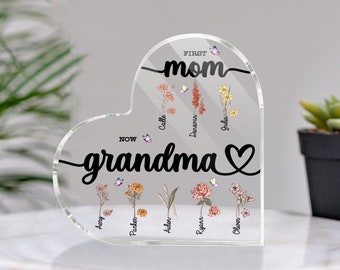Custom First Mom Now Grandma Heart Acrylic Plaque,Birth Month Flower Gift For Grandma,Nana Gift, Mothers Day Gift,Gift for Mom,Nana's Garden