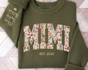 Custom Mimi Cozy Knit Fleece Pullover Crewneck Sweatshirt, Embroidered Grandma Sweater, Pregnancy Announcement, Gift for Nana, Mimi, Gigi