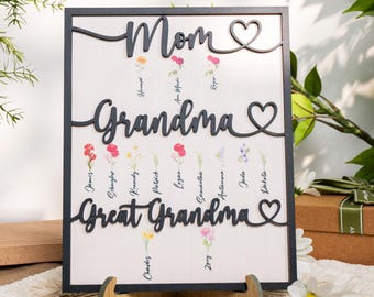 Mom Grandma And Great Grandma Wooden Sign, Personalized Birth Month Flower, Grandma's Garden, Gift For Mom, Mother's Day Gift For Grandma