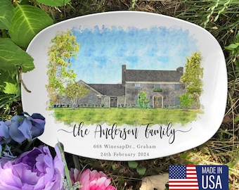 USA Personalized House Portrait Platter, Watercolor Effect House Painting Platter, Housewarming Gift, Realtor Closing Gift, First Home Gift