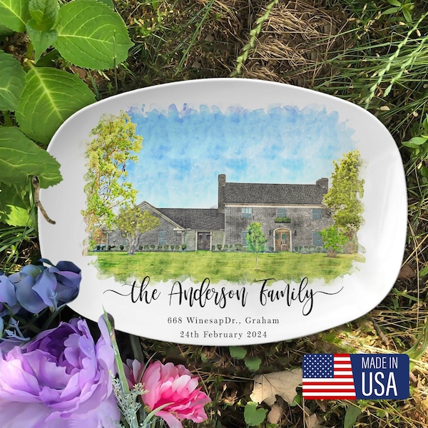 USA Personalized House Portrait Platter, Watercolor Effect House Painting Platter, Housewarming Gift, Realtor Closing Gift, First Home Gift