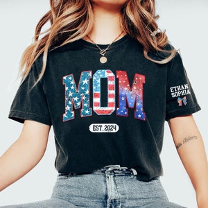 Custom 4th of July Mom T Shirt,Custom Mama Shirt with Kids names shirt, Patriotic 4th of July Tee Shirt for Independence Day,Mom EST Gifts