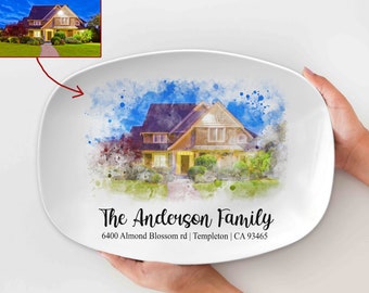 Personalized Watercolor House Portrait Platter, Custom  Watercolor House Painting Platter, Housewarming Gift,Custom House Address For Family