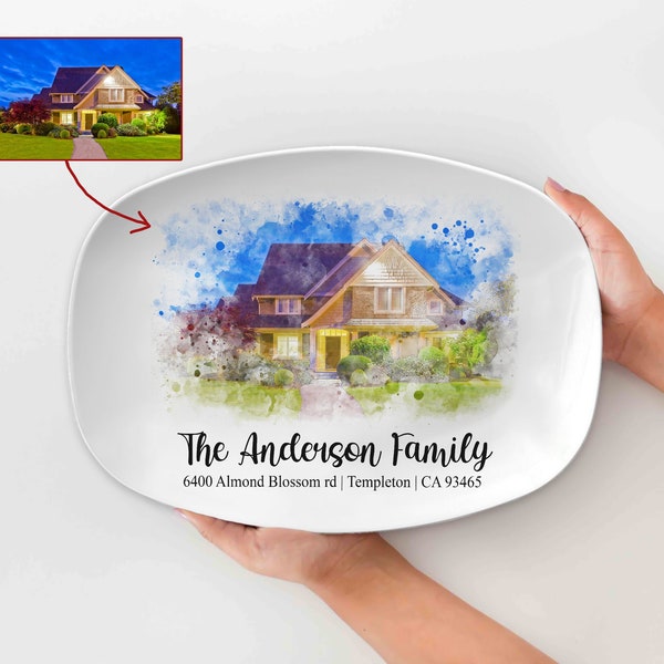 Personalized Watercolor House Portrait Platter, Custom  Watercolor House Painting Platter, Housewarming Gift,Custom House Address For Family