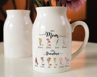 First Mom Now Grandma With Kid Names Vase, Birth Month Flower Grandma Vase, Mother's Day Gift, Gift For Grandma, Gift For Mom