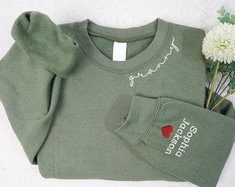 Embroidered Custom Collar Granny Sweatshirt Granny Sweatshirt with Kid Names on Sleeve Xmas Granny Gift Embroidered Neckline Gift For Granny