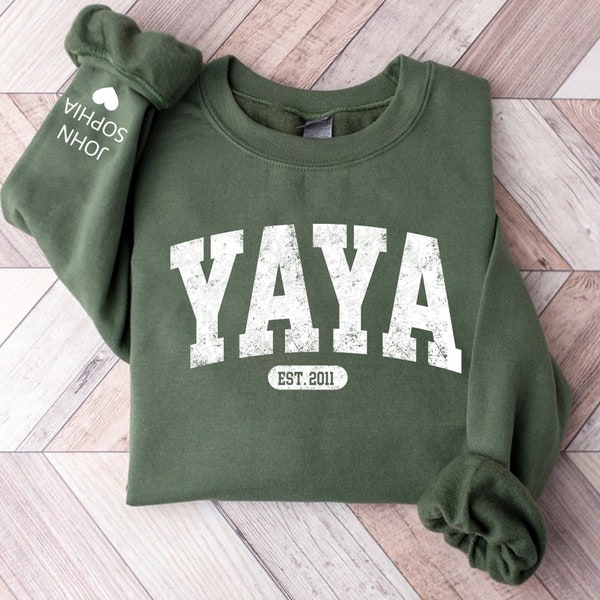 Personalized Yaya Est Varsity Sweatshirt, Custom Yaya Sweatshirt and Grandkids Names On Sleeve, Custom Yaya Est 2023 kids on sleeve