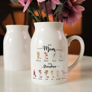 First Mom Now Grandma With Kid Names Vase, Birth Month Flower Grandma Vase, Mother's Day Gift, Gift For Grandma, Gift For Mom