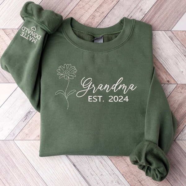 Sudadera con capucha y cuello redondo con flores bordadas personalizadas para el mes de nacimiento de la abuela, con nombres de niños bordados en la manga, regalo para la nueva abuela/primera mamá.