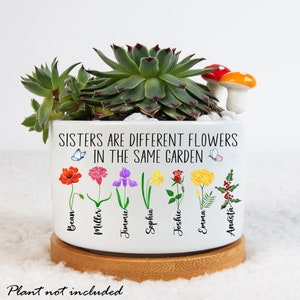 May include: White ceramic planter with the text "Sisters are different flowers in the same garden" and a row of flowers with names written below each flower. The names are Bean, Miller, Jimmie, Sophia, Joshie, Emma, and Anastasia.