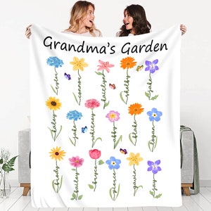 Personalized Grandma's Garden Blanket, Custom Gigi Blanket with Kids Name, Custom Birth Month Flower Soft Cozy Sherpa Fleece Throw Blanket