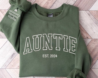 Custom Embroidered Auntie Sweatshirt with Kidnames on Sleeve, Aunt Embroidered Hoodie, Minimalist Auntie Sweater, Gift For Mom, Mimi Gifts