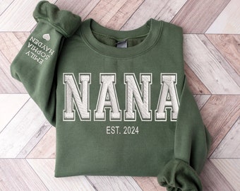 Embroidered Nana Sweatshirt with Grandkidnames on Sleeve,Grandma Est Embroidered Sweater, Minimalist Nana Hoodie, Grandma Mother Day Gifts