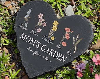 Personalized Mom's Garden Stone, Birth Month Flower Stone, Custom Mom Grandma Garden Slate, Mama Flower Slate, Gift For Mom, Gardener Gift