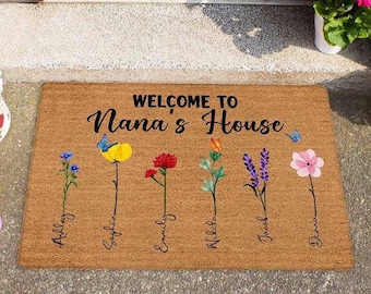 Personalized Grandma Doormat, Mom Doormat Gift Floral Doormat art House Decor Welcome To Nana‘s House Watercolor Flower Personalized Doormat