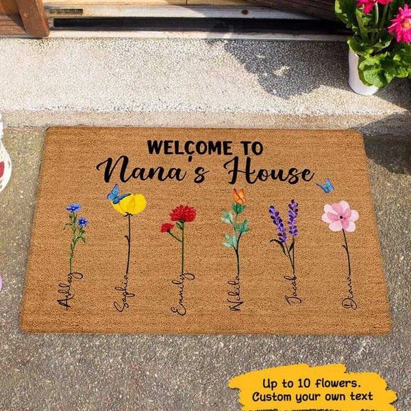 Personalized Grandma Doormat, Mom Doormat Gift Floral Doormat art House Decor Welcome To Nana‘s House Watercolor Flower Personalized Doormat