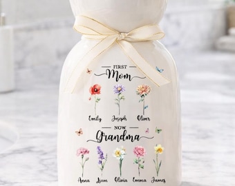 Personalized First Mom Now Grandma Gift, Custom Birth Month Flower Vase with Grandkids Name, Grandmas Garden, Grandma Gift, Mothers Day Gift