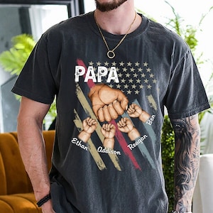 Personalized Papa Grandpa Shirt with Grandkids name Hands Flag T-Shirt,Custom Dad Raised Fist Bump Shirt, Custo Grandpa Father Day Gift 2024