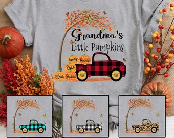 Custom Grandma Little Pumpkin Shirt, Custom Pumpkin Truck Color, Custom Grandma Nana Shirt With Kidnames, Fall Autumn Mimi Pumpkin Truck
