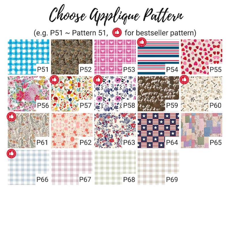 May include: A grid of nineteen fabric swatches labeled P51 through P69, featuring diverse patterns including blue gingham, floral prints, hearts, stripes, stars, and paw prints. The text Choose Applique Pattern is at the top.