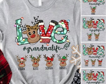 Custom Christmas Reindeer Grandma Shirt, 2022 Love Grandma Shirt Custom Kidname, Custom Grandma Nana Mimi Gigi Sweatshirt For Christmas