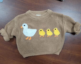 Hand Knitted Marching Ducks Baby&Toddler Sweater,Cute Ducks Hand Embroidered Jumper, Baby Gift,Duck Sweatshirt, Oversized Kid Duck Sweater