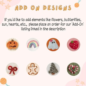 Puede incluir: Una colecci&oacute;n de ocho dise&ntilde;os bordados para a&ntilde;adir a art&iacute;culos de punto. Los dise&ntilde;os incluyen una calabaza, un arco&iacute;ris, un fantasma, una fresa, un lazo, un hombre de jengibre, un &aacute;rbol de Navidad y un coraz&oacute;n de bast&oacute;n de caramelo.