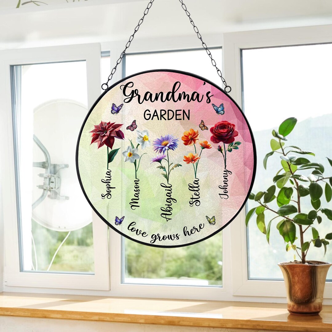 Personalized Grandmas Garden Stained Glass, Custom Grandma Love Grows ...