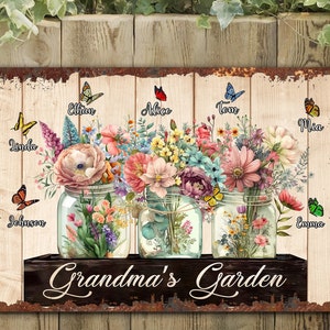Personalized Metal Flower Garden Sign For Grandma, Custom Garden Sign For Nana with Kid Names, Metal Hanging Garden Sign, Mother's Day Gifts