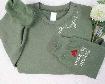 Embroidered Custom Collar Gigi Sweatshirt, Gigi Sweatshirt with Kid Names on Sleeve, Christmas Gigi Gift, Embroidered Neckline Gift For Gigi